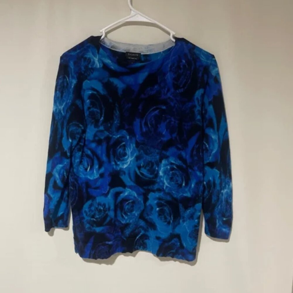 NWT Women's Talbots Blue Black Floral 100% Pure Merino Wool Crew Neck Sweater